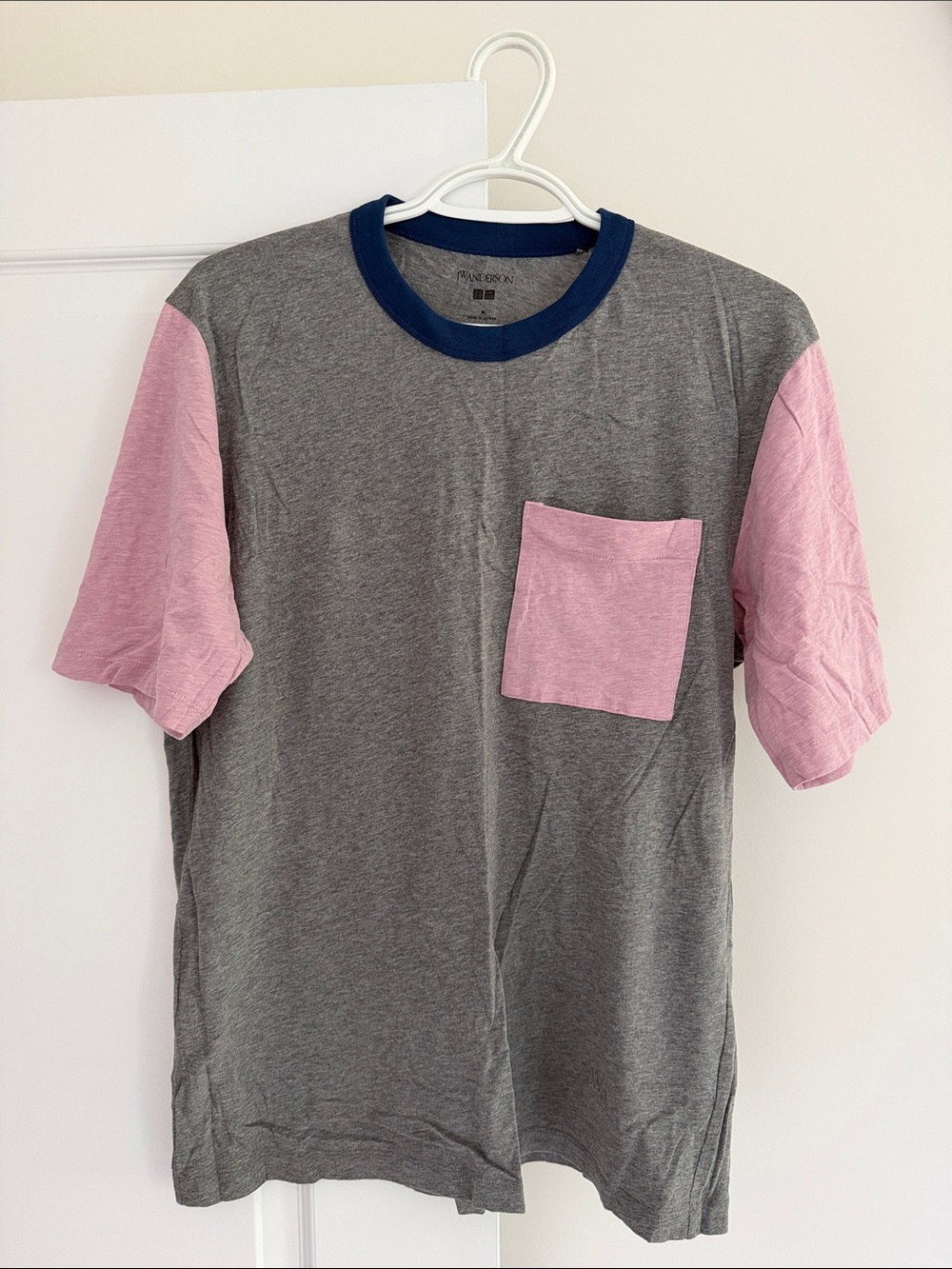 JW ANDERSON Grey Tee with Pink Sleeves, Pink Pocket and Navy Neck Trim